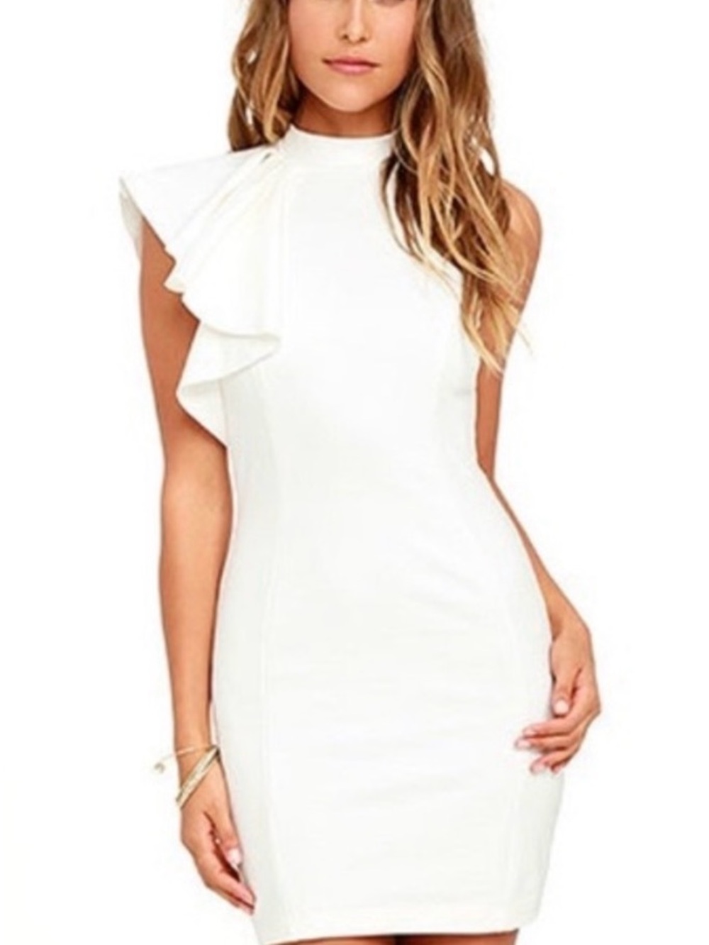 Lulus One-Shoulder Ruffle Mock-Neck White Bodycon Dress-Small